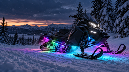 LEDPowersport® RGB snowmobile underglow illuminating a snowmobile on a snowy trail at dusk.