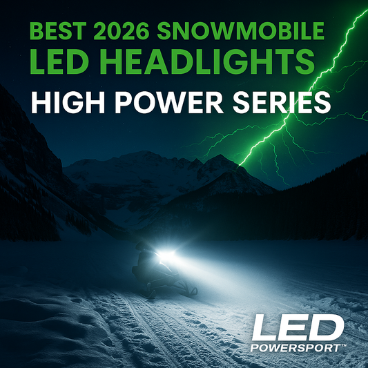 Best 2026 snowmobile LED headlights High Power Series by LEDPowersport™ with bright white beam and green lightning