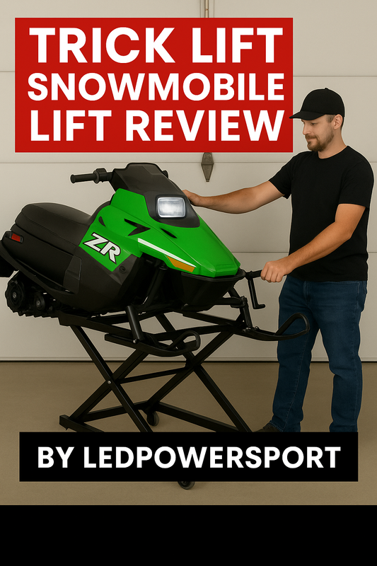 Trick Lift snowmobile lift review image with green Arctic Cat ZR on lift by LEDPowersport.