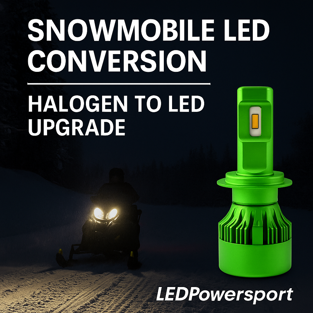Snowmobile LED conversion with LEDPowersport™ all-green High Power LED bulb and bright white headlights on snowy trail – halogen to LED upgrade