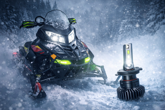 2026 snowmobile LED headlights with high power white beam in snowy night riding conditions