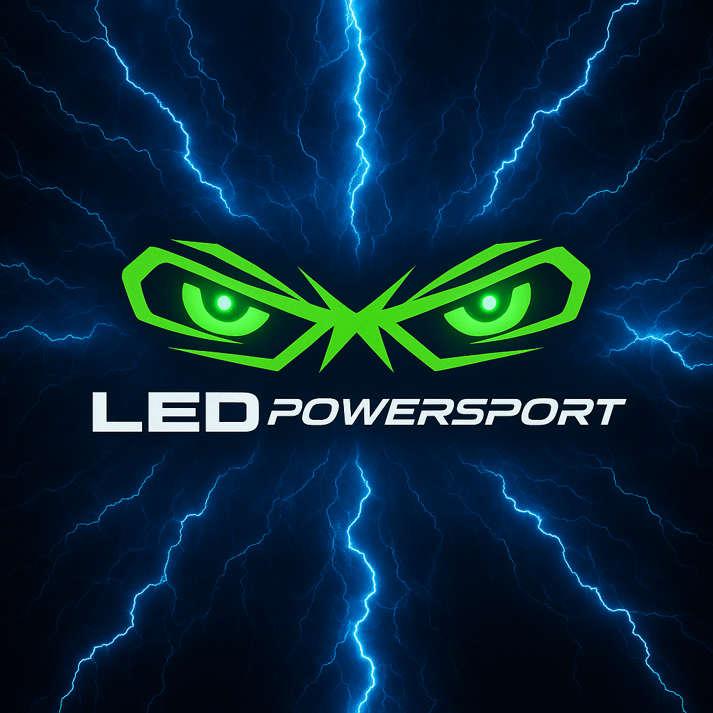 LEDPowersport™ logo with vivid green angular eyes illuminated by electric blue lightning in a dark storm background, symbolizing power, energy, and precision lighting performance.