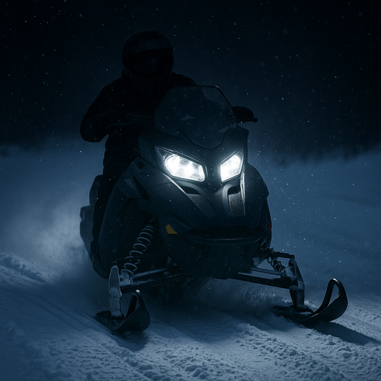 Snowmobile with bright white LED headlights riding at night through snow-covered trail