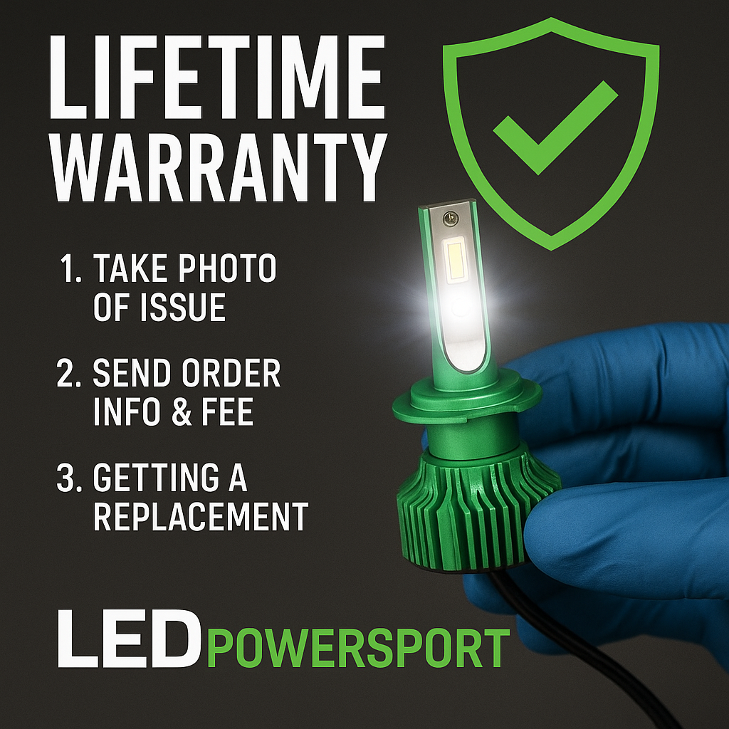 Gloved hand holding green LEDPowersport LED headlight bulb with lifetime warranty steps and shield icon – snowmobile LED replacement instructions