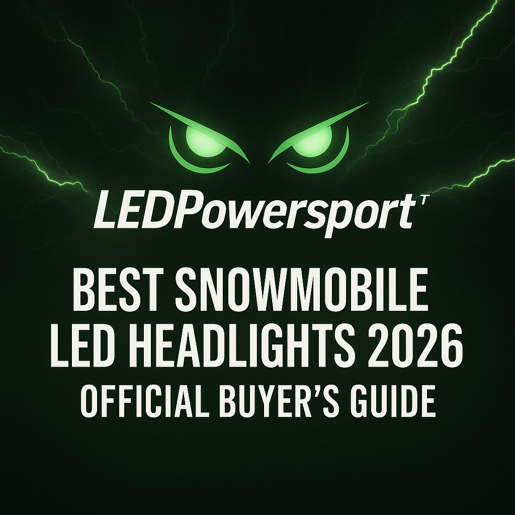 Best Snowmobile LED Headlights 2026 banner with authentic LEDPowersport™ logo, connected green eyes, and bold white title text over green lightning background.
