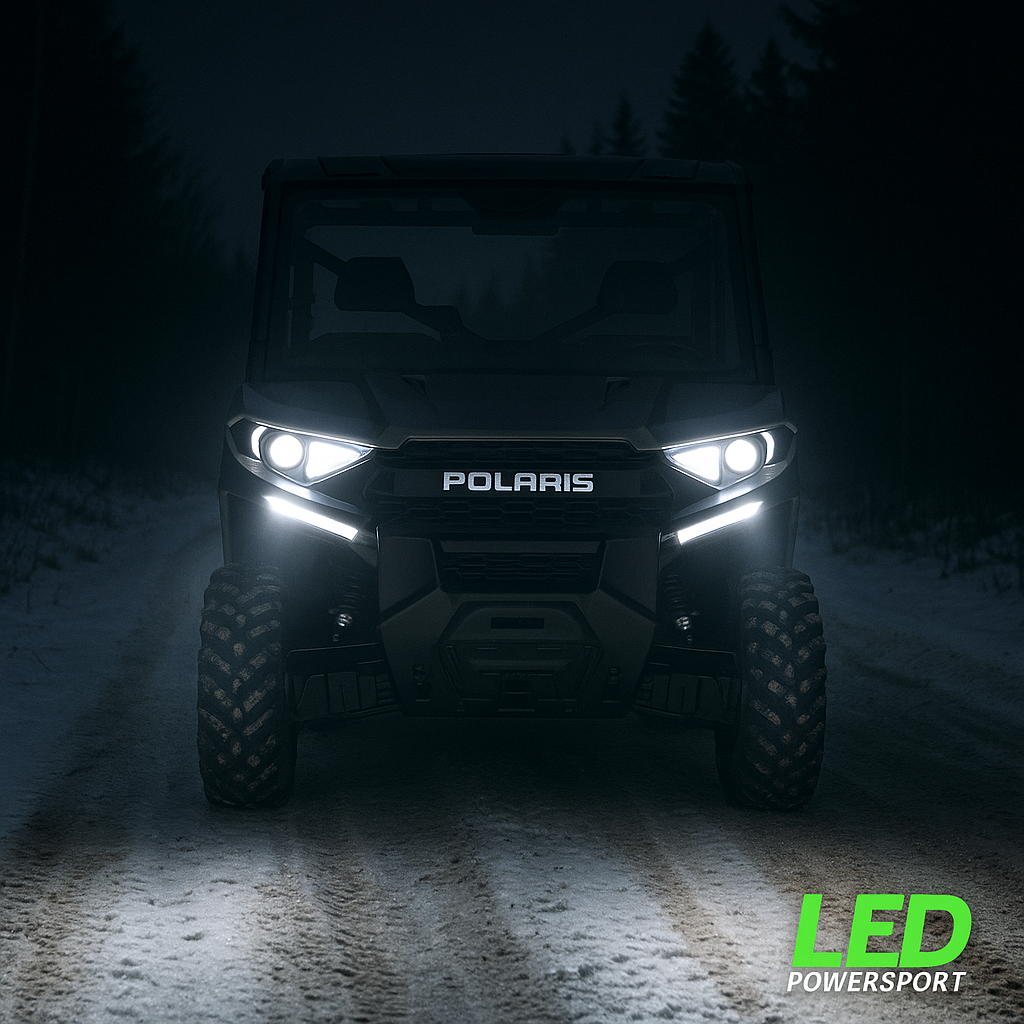 Polaris Ranger headlight bulb LED upgrade with bright white LEDPowersport lights on night trail