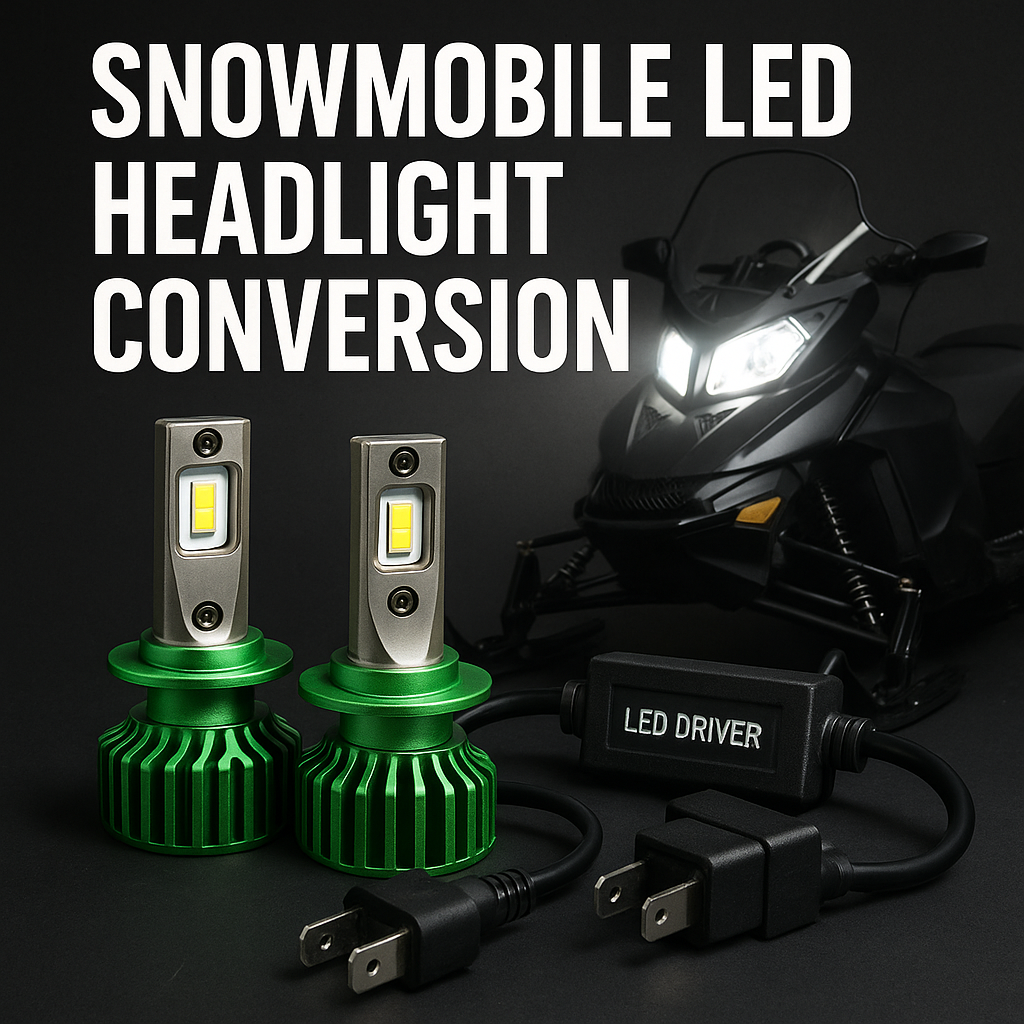 Snowmobile LED headlight conversion kit with bright white LED bulbs, green heatsinks, and LED driver shown in front of a snowmobile with upgraded LED headlights — LEDPowersport™