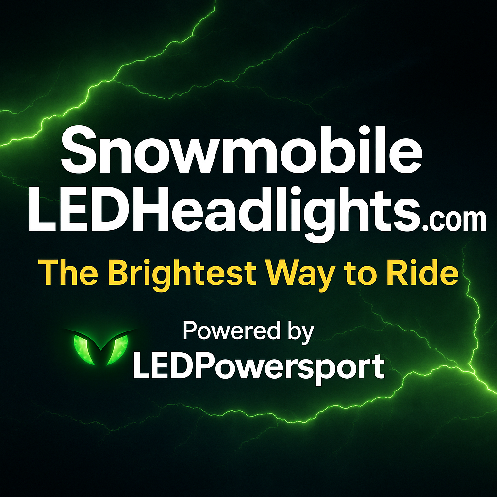 SnowmobileLEDHeadlights.com banner powered by LEDPowersport™ showing green lightning, glowing LED eyes logo, and the tagline “The Brightest Way to Ride” in bold white and yellow text.