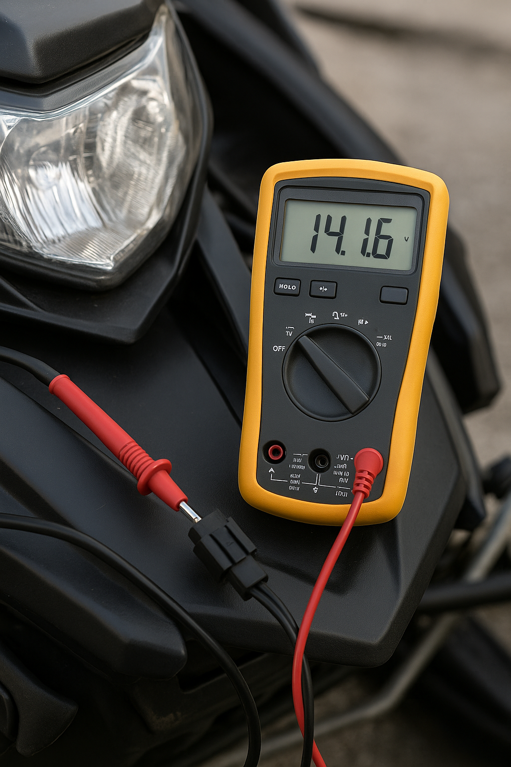 Multimeter testing a snowmobile headlight plug for AC or DC voltage to diagnose flickering LED headlights before installing LEDPowersport rectifier