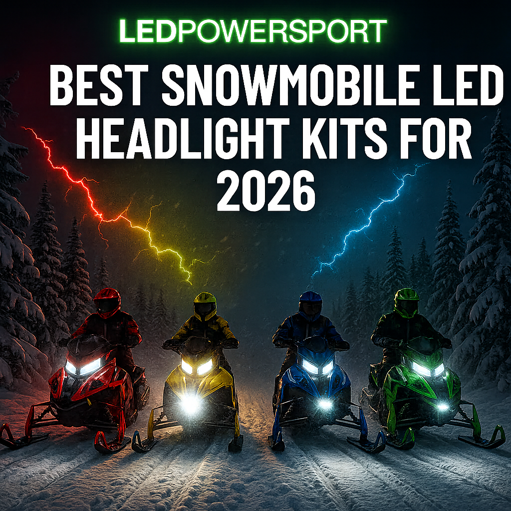 2026 snowmobile LED headlight kits by LEDPowersport with trail riders and bright white LEDs.