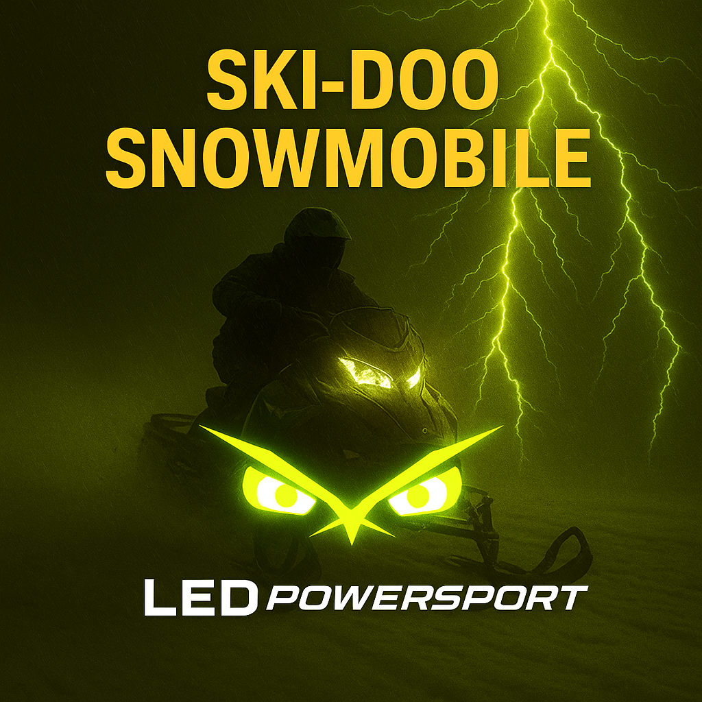 Ski-Doo snowmobile powering through winter storm with LEDPowersport white LED headlights and glowing green logo for snowmobile lighting collection