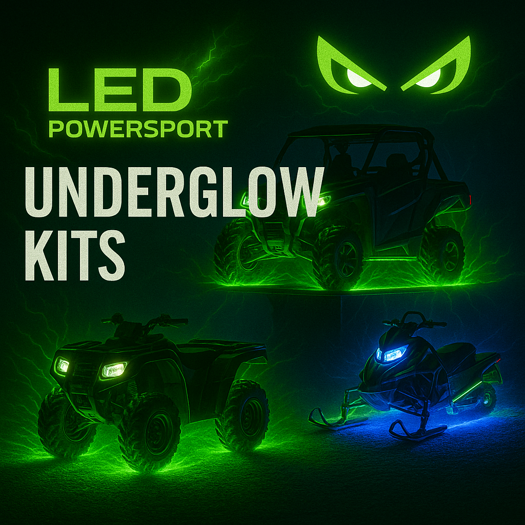 ATV, UTV, and snowmobile with vibrant green and blue LED underglow lighting, glowing terrain and electric energy effects, LEDPowersport logo with glowing green eyes above, high-performance powersport underglow kit display