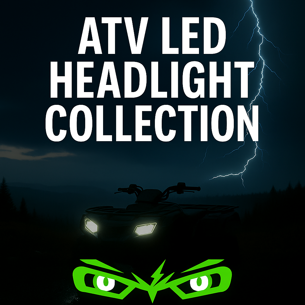 LEDPowersport ATV LED Headlight Collection promotional image featuring an ATV with bright white LED headlights under a stormy night sky, surrounded by dramatic lightning and glowing green LEDPowersport logo.