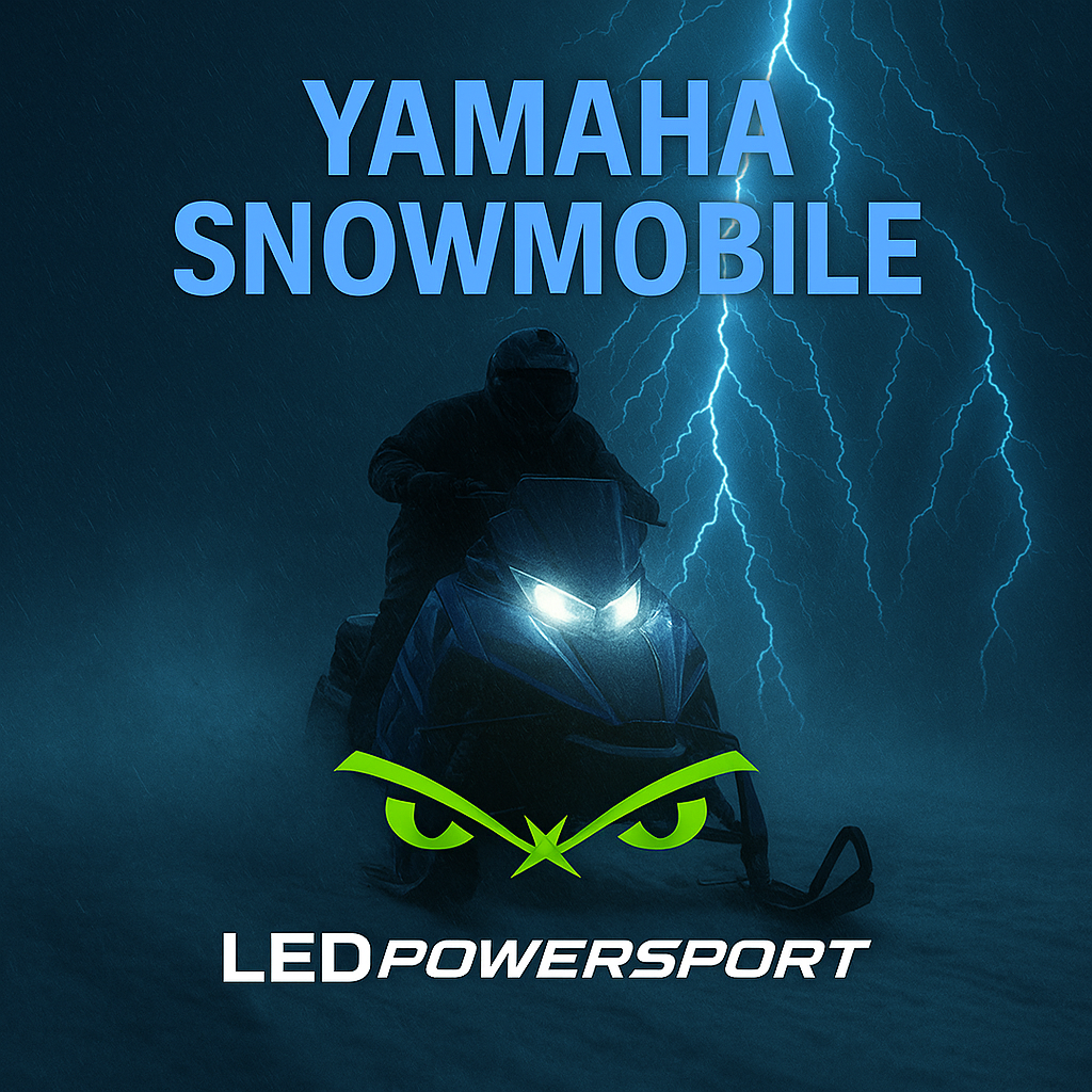 Yamaha snowmobile with LEDPowersport white LED headlights in a winter storm, featuring bold text and glowing green logo for snowmobile LED collection