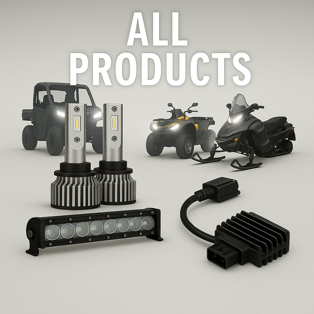 LED Powersport all products collection thumbnail featuring bright white LED headlight bulbs, light bar, voltage rectifier, and off-road vehicles including UTV, ATV, and snowmobile — optimized lighting solutions for powersports