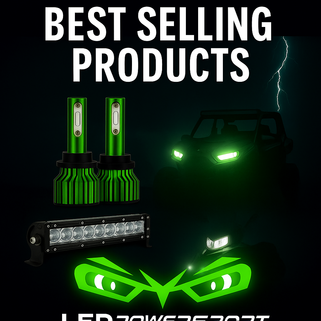 LEDPowersport best-selling LED products including green LED headlight bulbs, LED light bar, UTV with green underglow, and snowmobile with white LED headlights, set against a stormy night background with lightning and bold branding.
