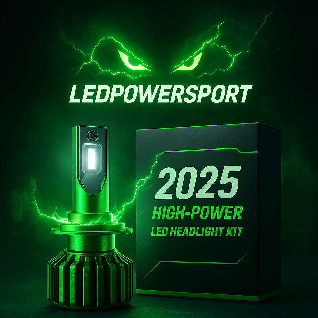 LEDPowersport 2025 High-Power LED Headlight Kit with bright white LED bulb, green anodized heatsink, glowing green electricity effect, and branded packaging box