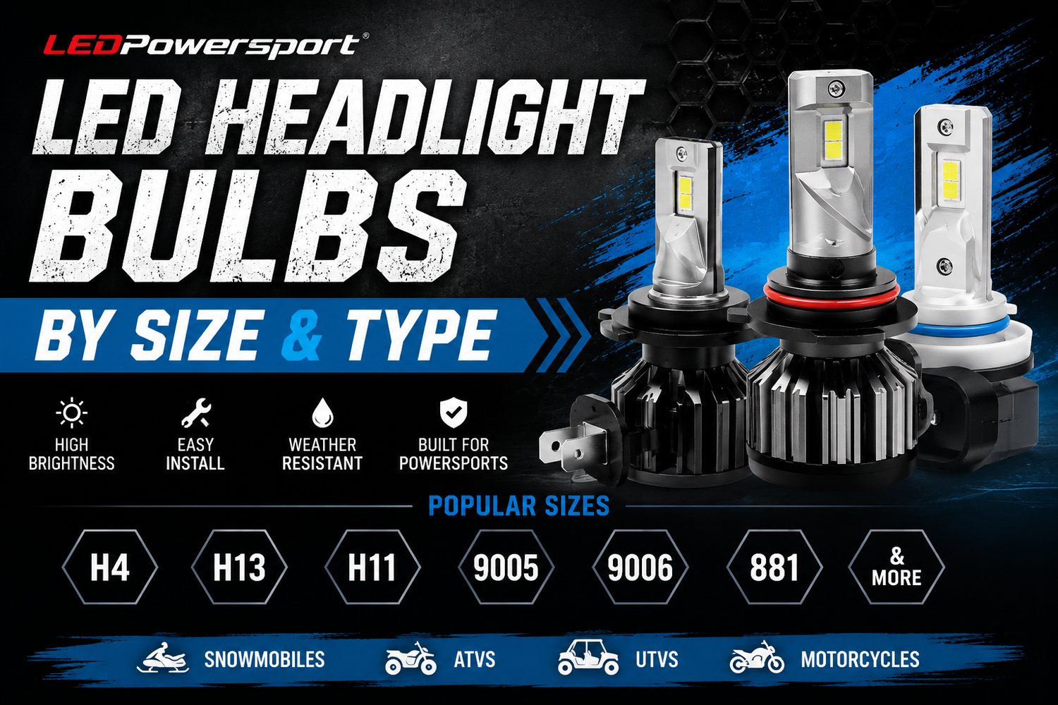 LED headlight bulbs by size and type – H4, H13, H11, 9005, 9006, 881 and more | LEDPowersport®