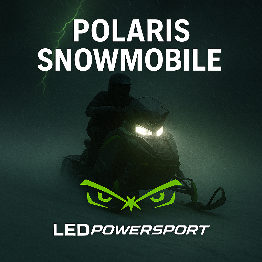 Polaris snowmobile LED headlight collection image with LEDPowersport crisp white lighting, stormy snow scene, and glowing green powersport logo