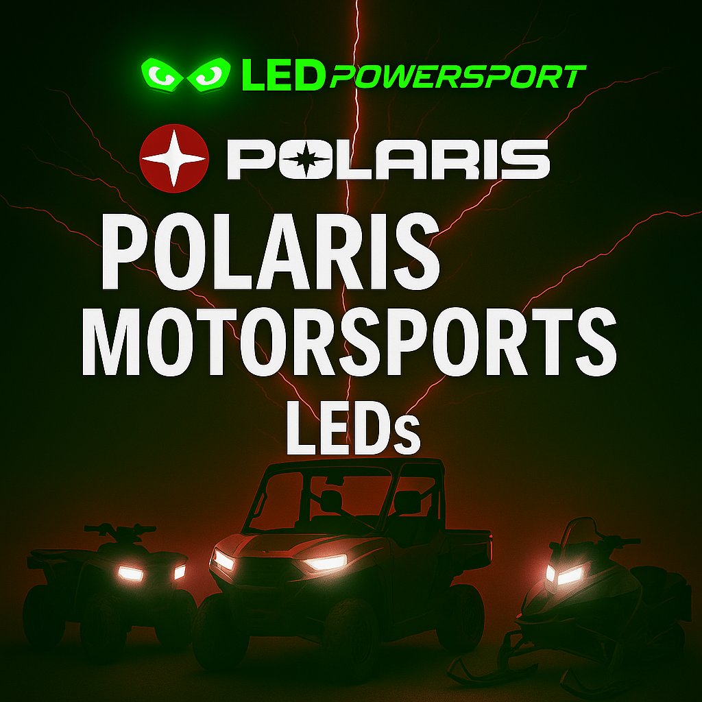 Polaris UTV, ATV, and snowmobile with bright white LED headlights in red lightning background, promoting LEDPowersport plug-and-play lighting kits