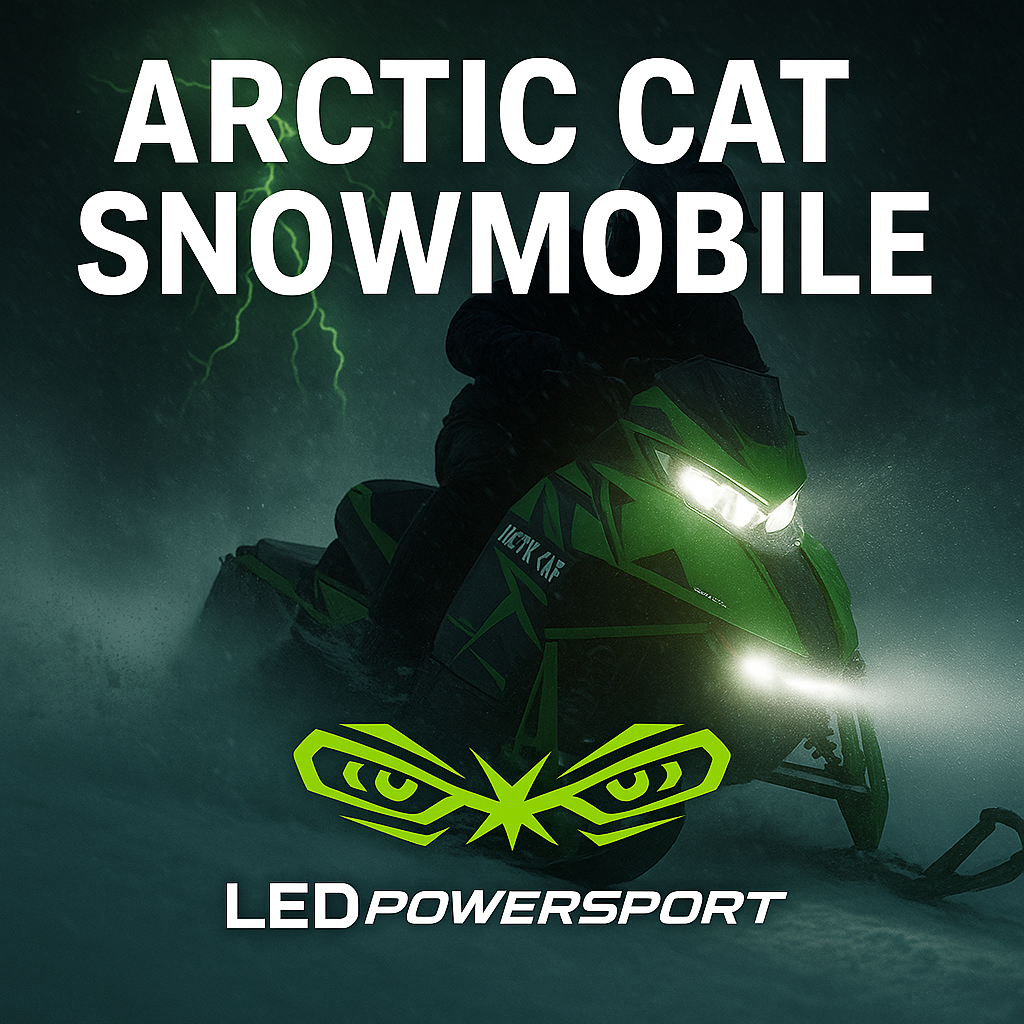 Arctic Cat Snowmobile LED headlight collection thumbnail featuring bright white LEDPowersport lighting, stormy snow backdrop, and glowing green logo