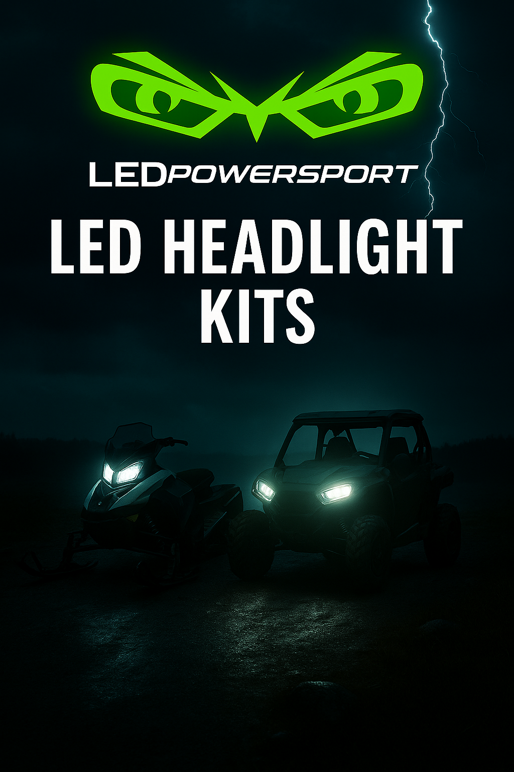 LEDPowersport promotional image showing a snowmobile and UTV with bright white LED headlights under a dark stormy sky, lightning in the background, and bold text advertising LED headlight kits for off-road vehicles
