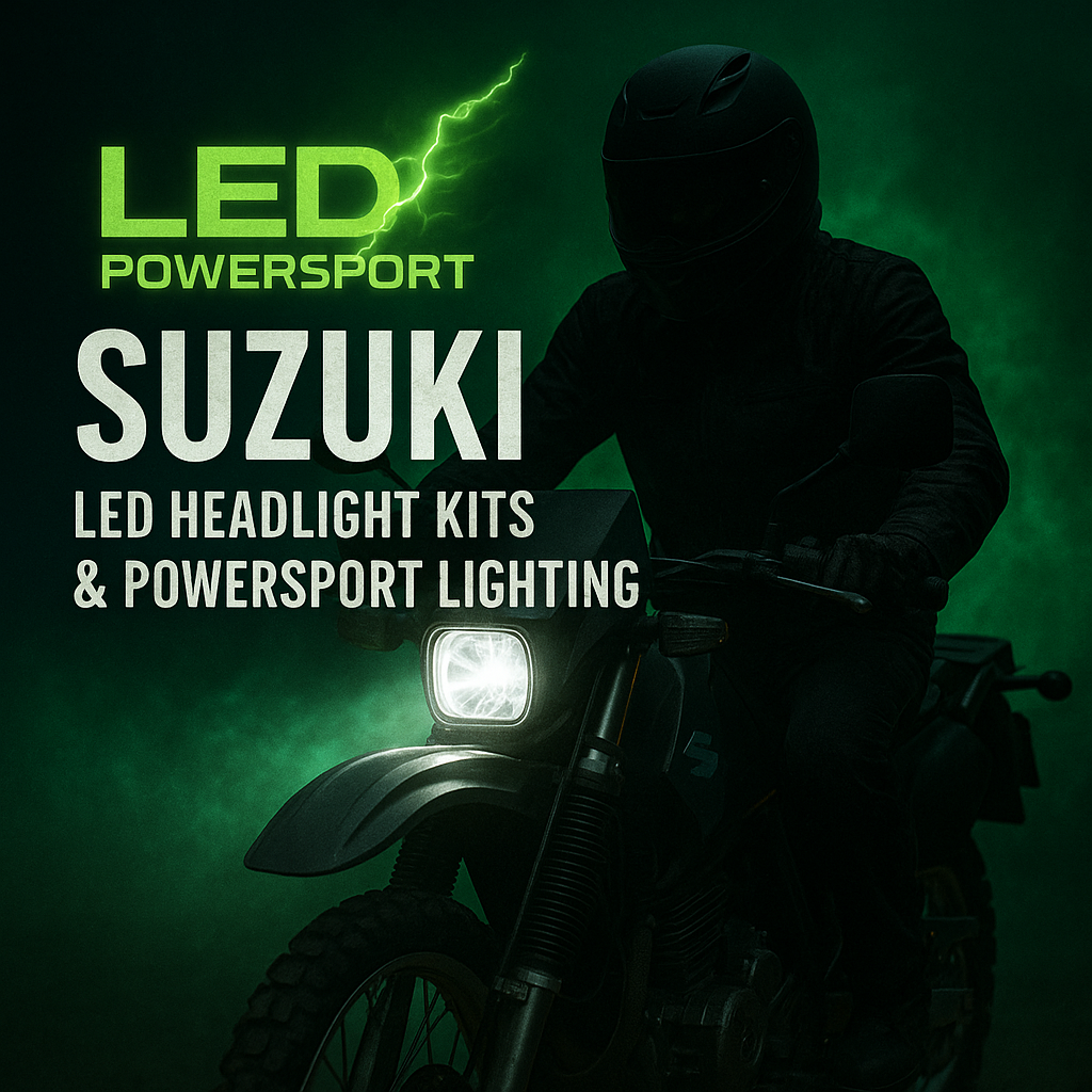 Suzuki motorcycle with LEDPowersport bright white LED headlight, riding through dark terrain with green energy logo and glowing fog, premium LED lighting for Suzuki bikes