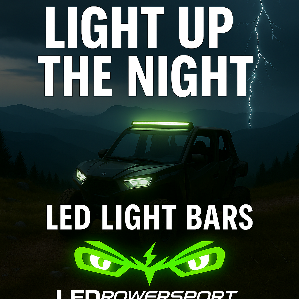 LEDPOWDERSPORT UTV with bright LED light bar and headlights on a mountain trail at dusk, with lightning in the sky and bold branding promoting LED light bars for off-road use.
