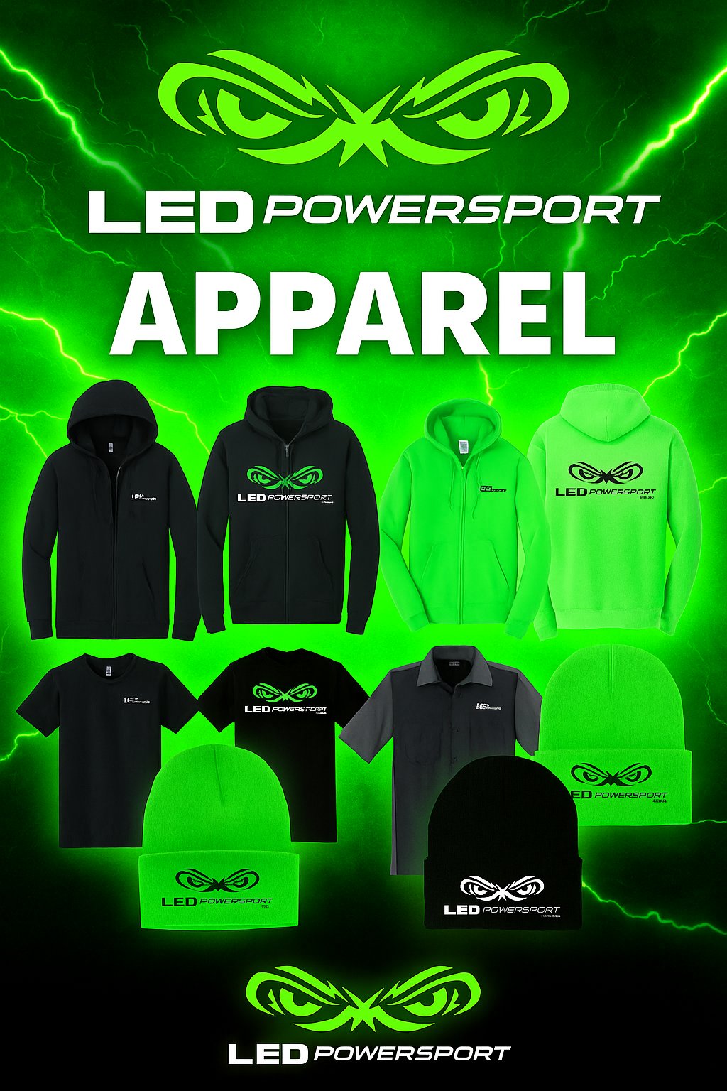 LED Powersport branded apparel collection thumbnail featuring hoodies, T-shirts, work shirts, and beanies with green lightning background and glowing logo.