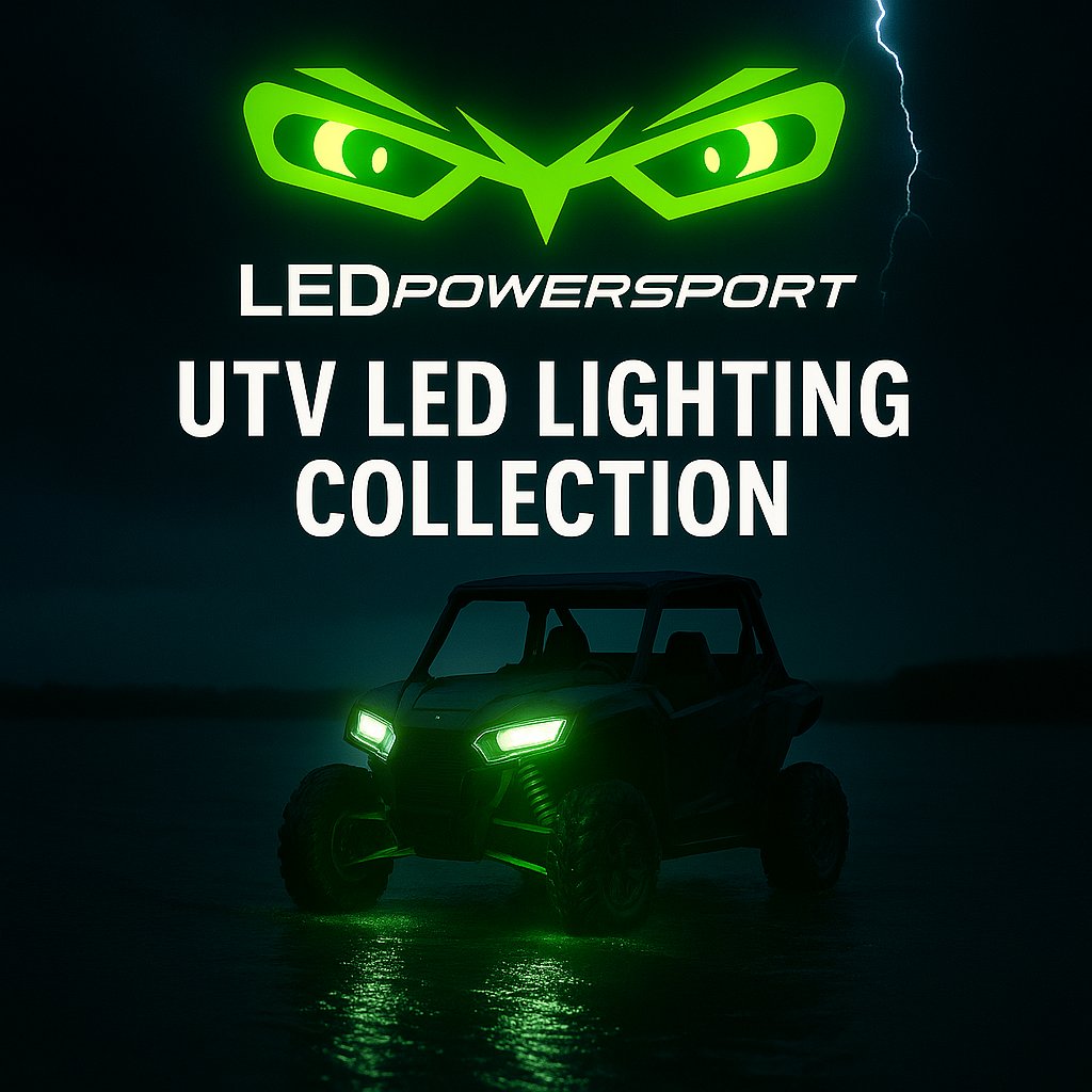 “LEDPOWDERSPORT UTV LED Lighting Collection promo featuring a side-by-side vehicle with bright white LED headlights and green underglow, parked on wet terrain under a lightning-lit night sky with bold green logo and collection title.”