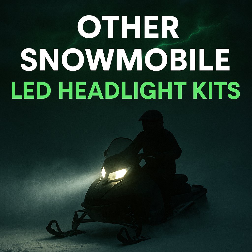 Snowmobile with bright white LED headlights riding through snowy night fog, LEDPowersport lighting upgrade for other snowmobile brands, bold green text and storm effects