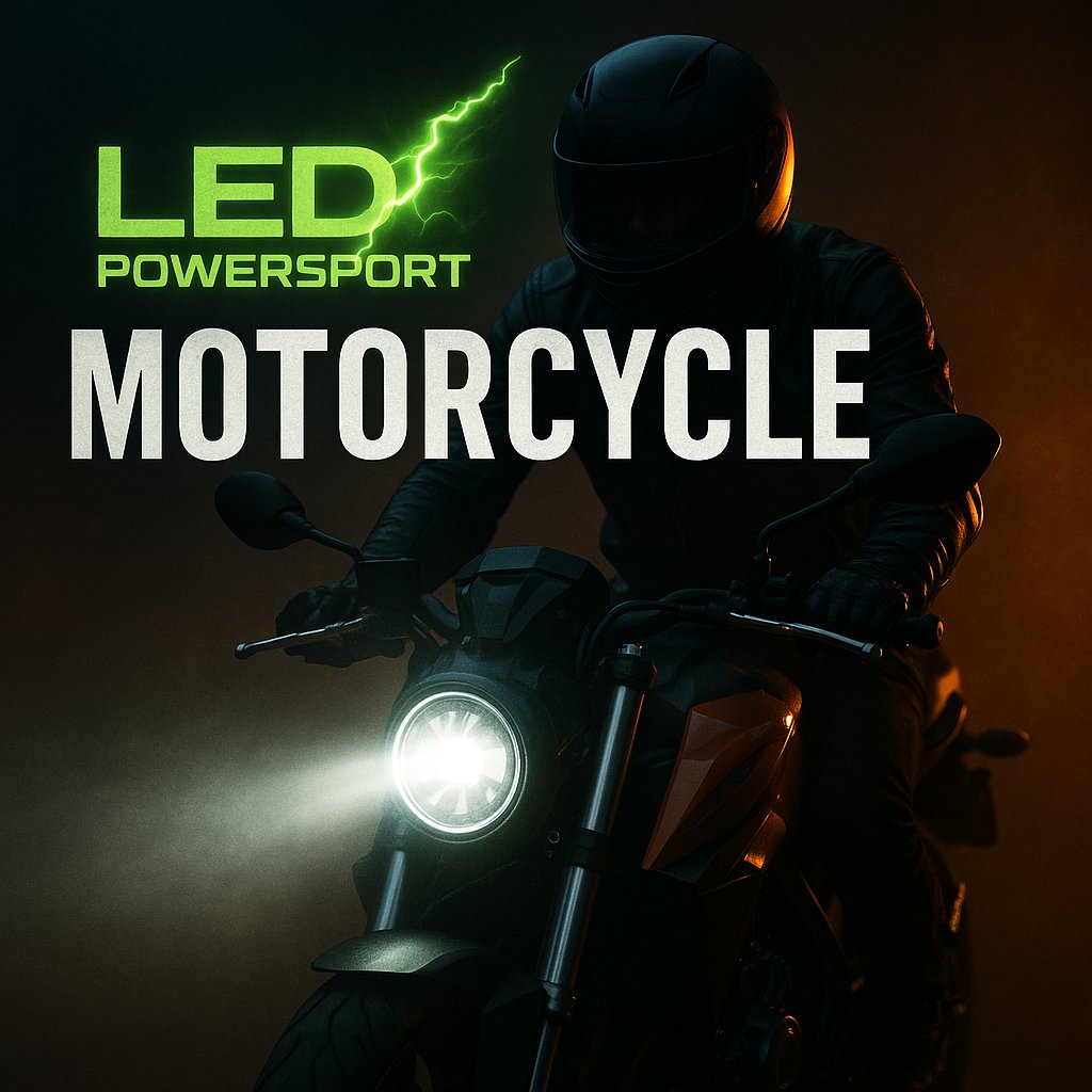 Motorcycle with LEDPowersport bright white LED headlight riding at night through fog, orange background glow, LEDPowersport green lightning logo, high-performance LED lighting for motorcycles