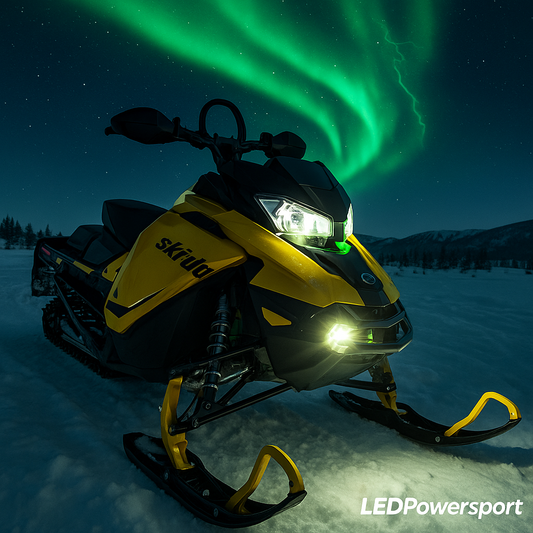 Ski-Doo snowmobile with LEDPowersport white LED headlights and green heatsink under northern lights – 2025 snowmobile LED headlight kit