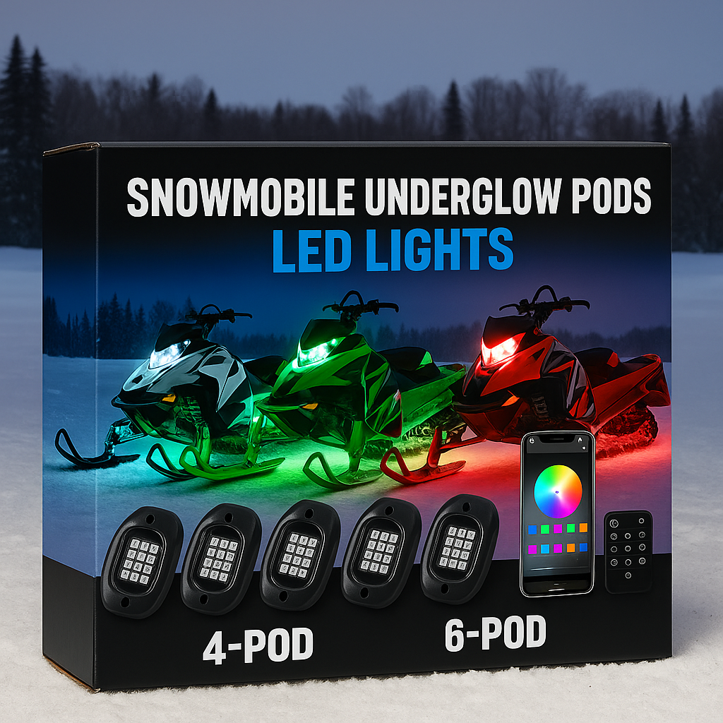 Snowmobile underglow lights by LEDPowersport™ with multicolor RGB pods and lightning background.