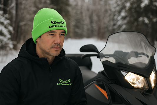 Man wearing neon green LEDPowersport beanie standing beside a snowmobile on a snowy forest trail; embroidered logo visible on cuff.