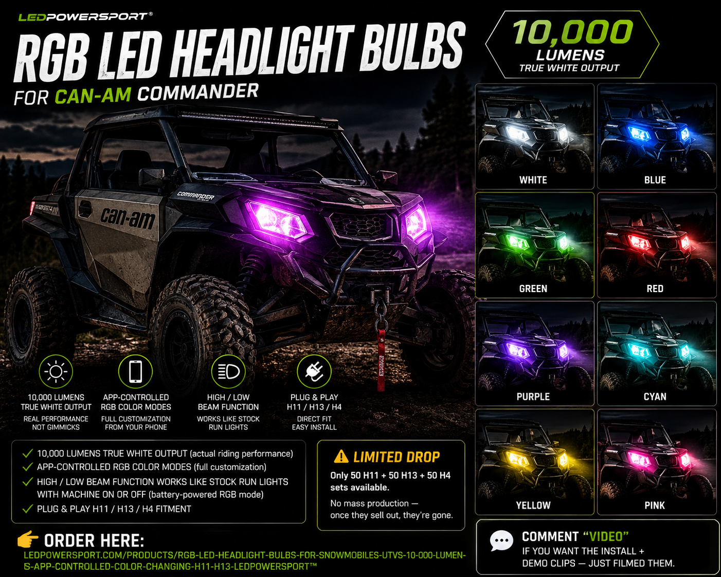 RGB LED Headlight Bulbs for UTVs – 10,000 Lumens App-Controlled Color Changing (H11 / H13 / H4) | LEDPowersport™