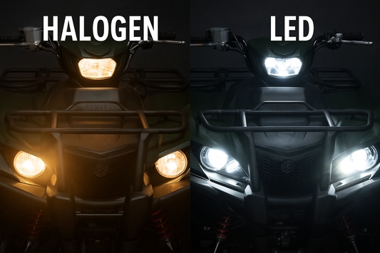 Side-by-side comparison of halogen vs LED headlights on a 2022 Yamaha Kodiak 700 EPS ATV showing yellow halogen light versus bright white LED beam.