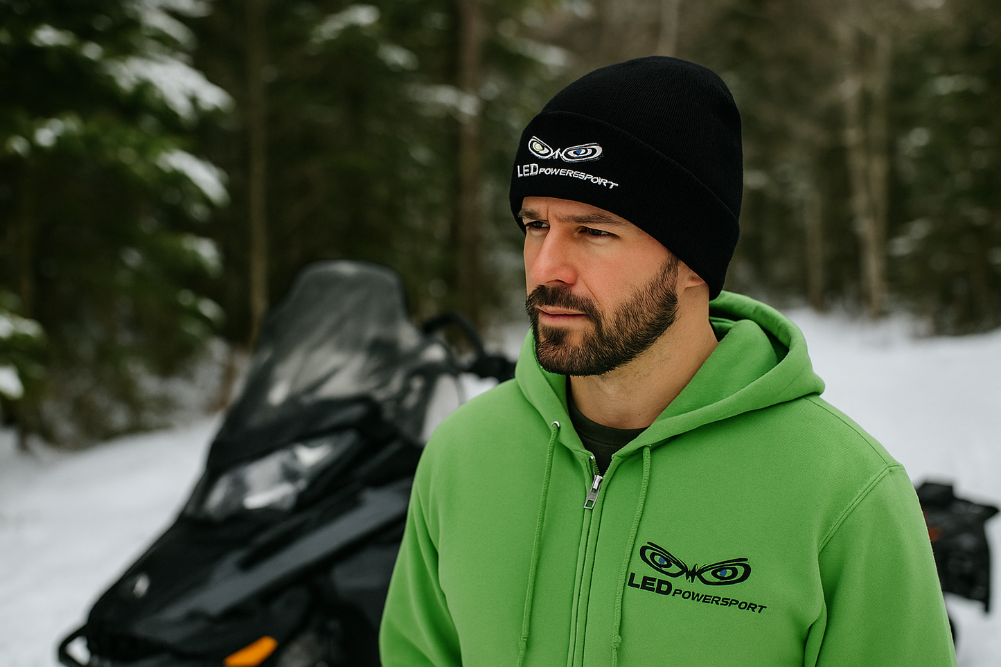 Man wearing black LEDPowersport beanie and green logo hoodie standing next to a snowmobile on a snowy trail; embroidered white logo visible on hat.