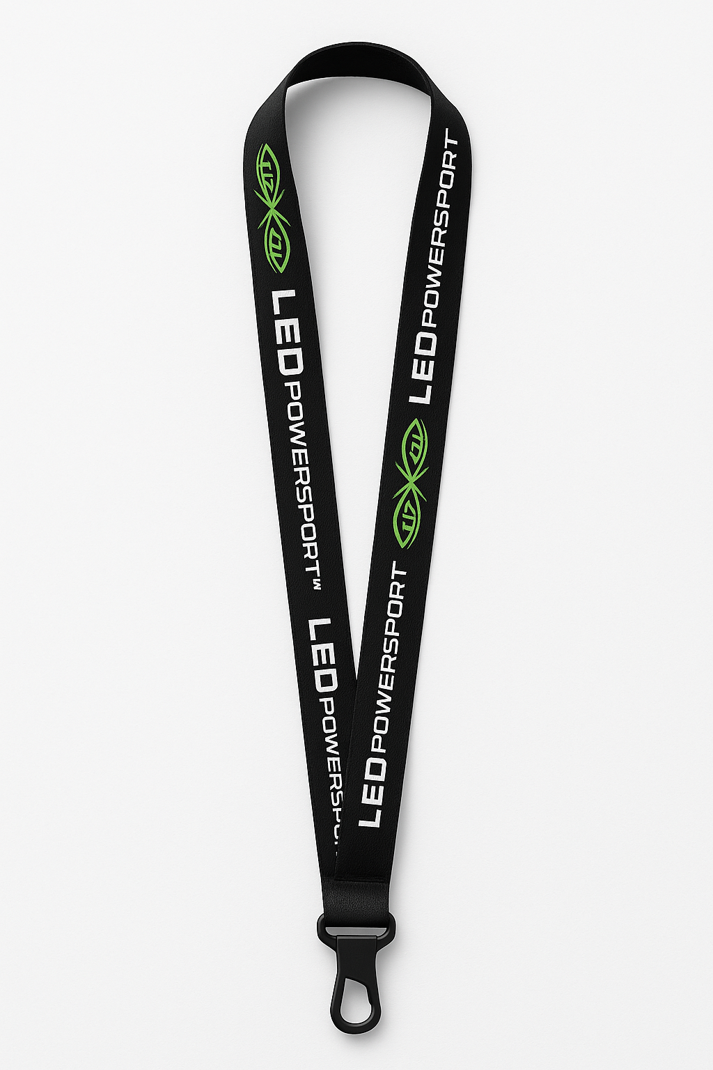 LEDPowersport™ black lanyard with green eyes logo and white lettering, heavy-duty 5/8 inch strap with black plastic hook clip