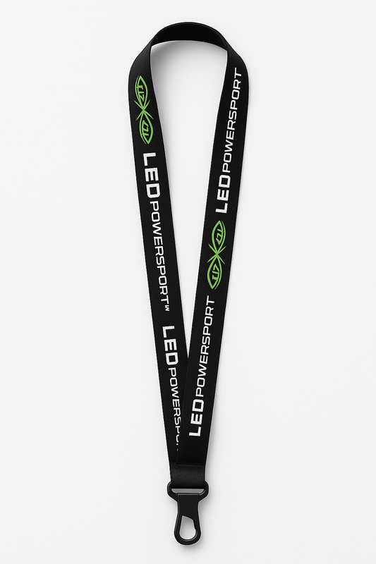 LEDPowersport™ black lanyard with green eyes logo and white lettering, heavy-duty 5/8 inch strap with black plastic hook clip