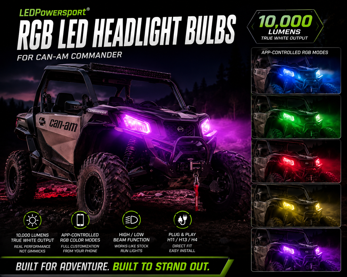 RGB LED Headlight Bulbs for UTVs – 10,000 Lumens App-Controlled Color Changing (H11 / H13 / H4) | LEDPowersport™