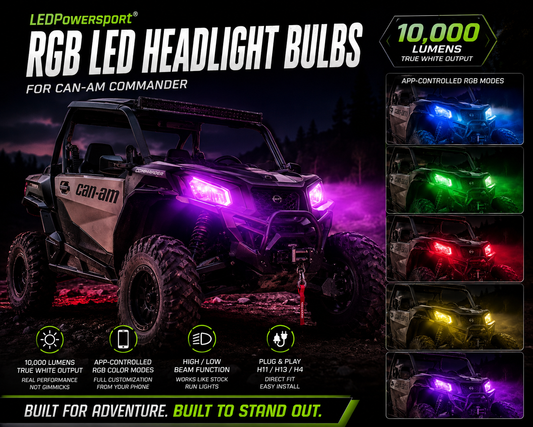 RGB LED Headlight Bulbs for UTVs – 10,000 Lumens App-Controlled Color Changing (H11 / H13 / H4) | LEDPowersport™