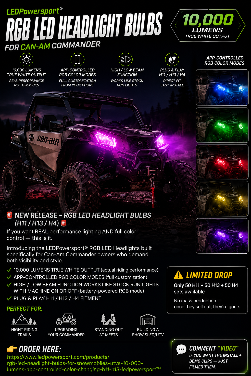 RGB LED Headlight Bulbs for UTVs – 10,000 Lumens App-Controlled Color Changing (H11 / H13 / H4) | LEDPowersport™