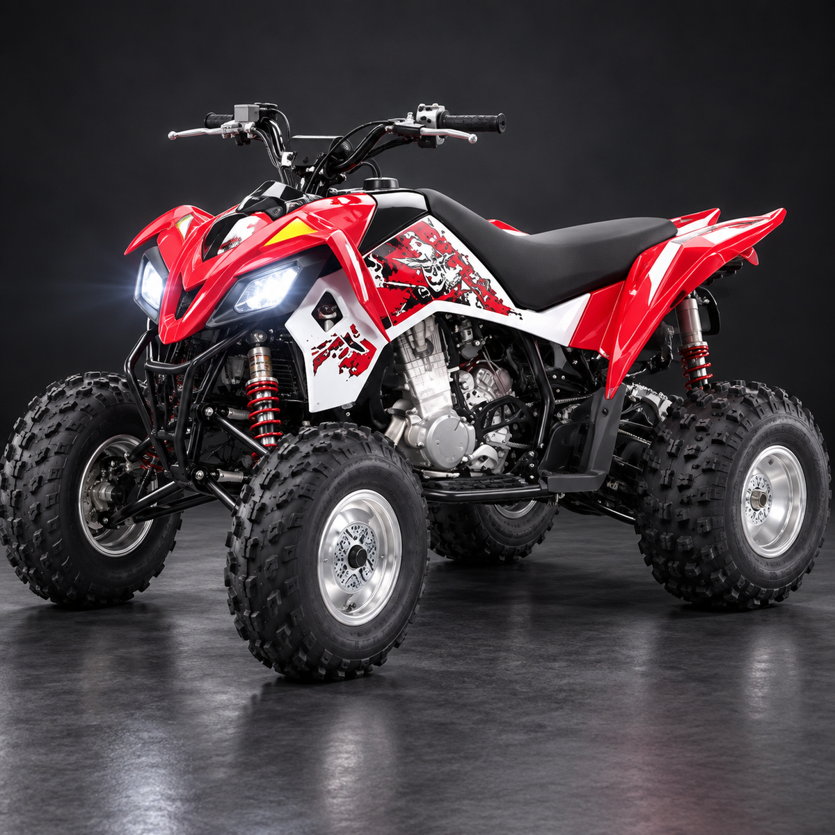 2007 Polaris Outlaw 525 IRS ATV with bright white LED headlight conversion installed, front three-quarter view.