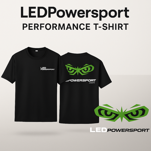 LEDPowersport™ black performance t-shirt collage showing front chest logo and back green eyes design