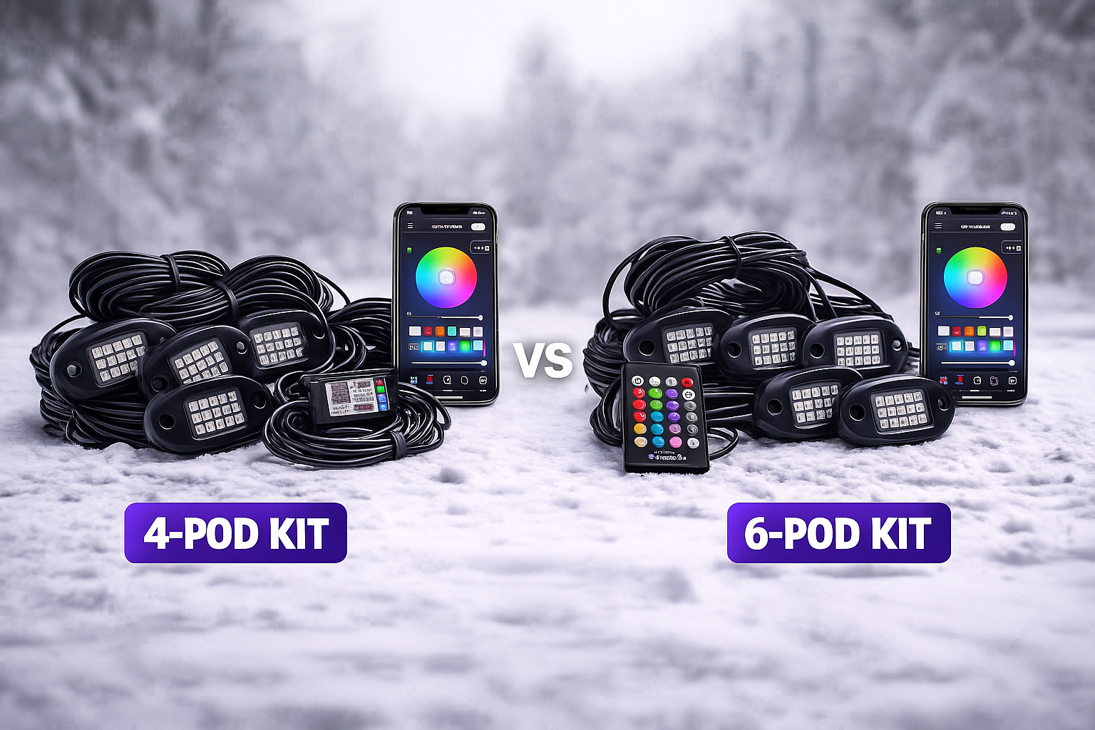 Snowmobile LED underglow pod kit comparison showing 4-pod and 6-pod RGB app-controlled lighting kits from LEDPowersport displayed on snow.
