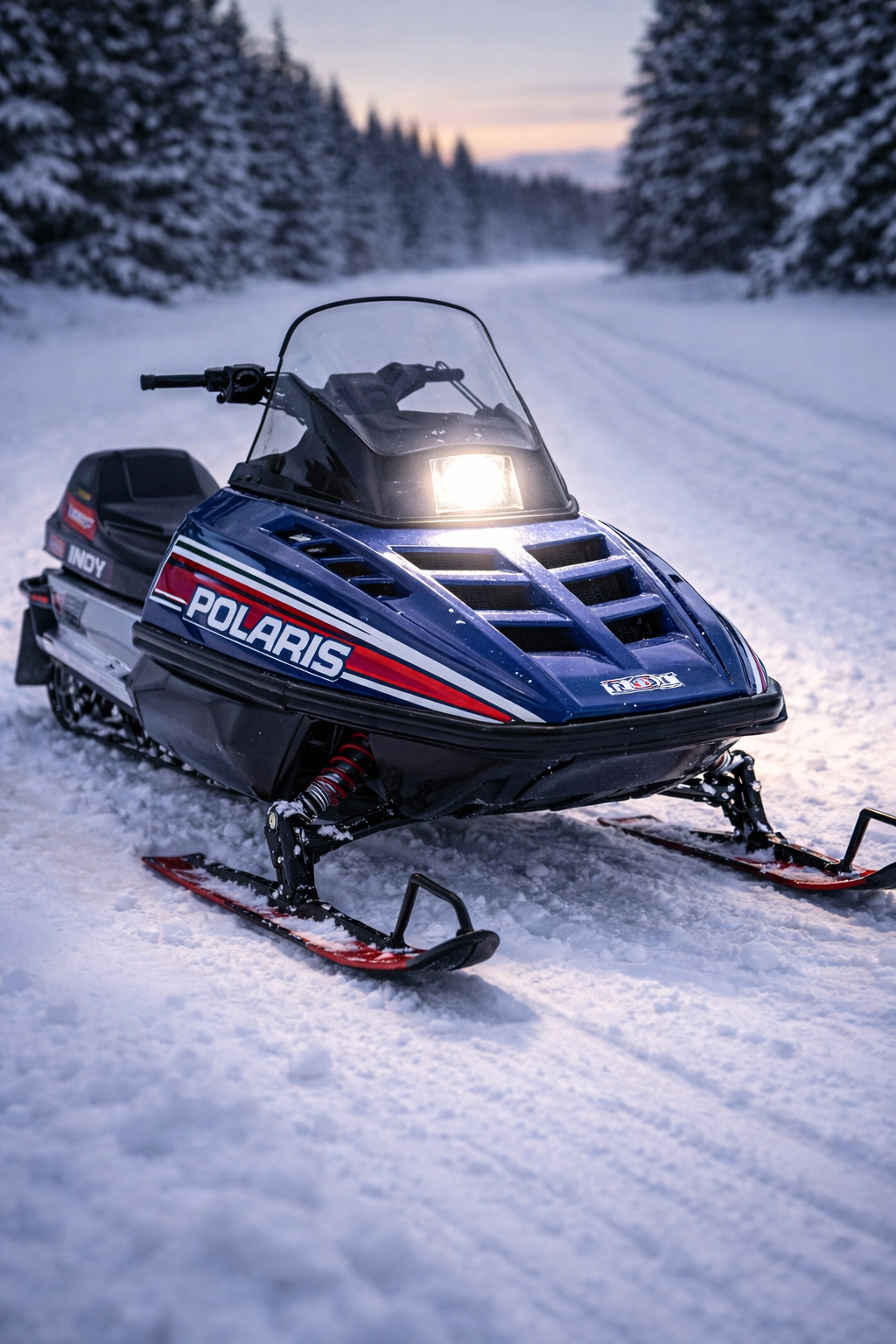 1990 Polaris Indy snowmobile with single LED headlight upgrade installed