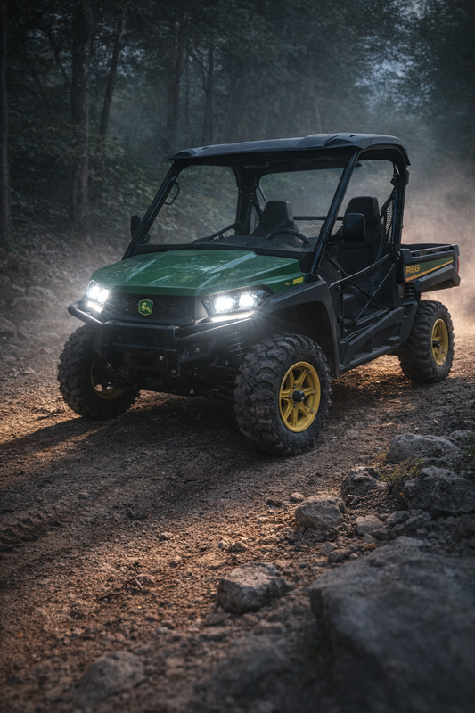 2016 John Deere Gator 860i LED headlights upgrade installed bright white LEDPowersport UTV LED headlight kit night riding visibility