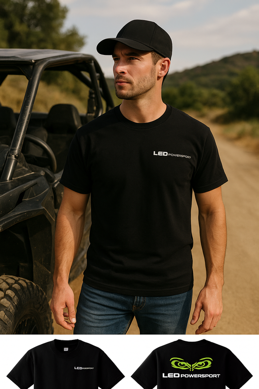 LED Powersport short sleeve T-shirt lifestyle image featuring a male rider standing next to a rugged UTV wearing the black logo tee; front and back views shown with bold green and white branding.