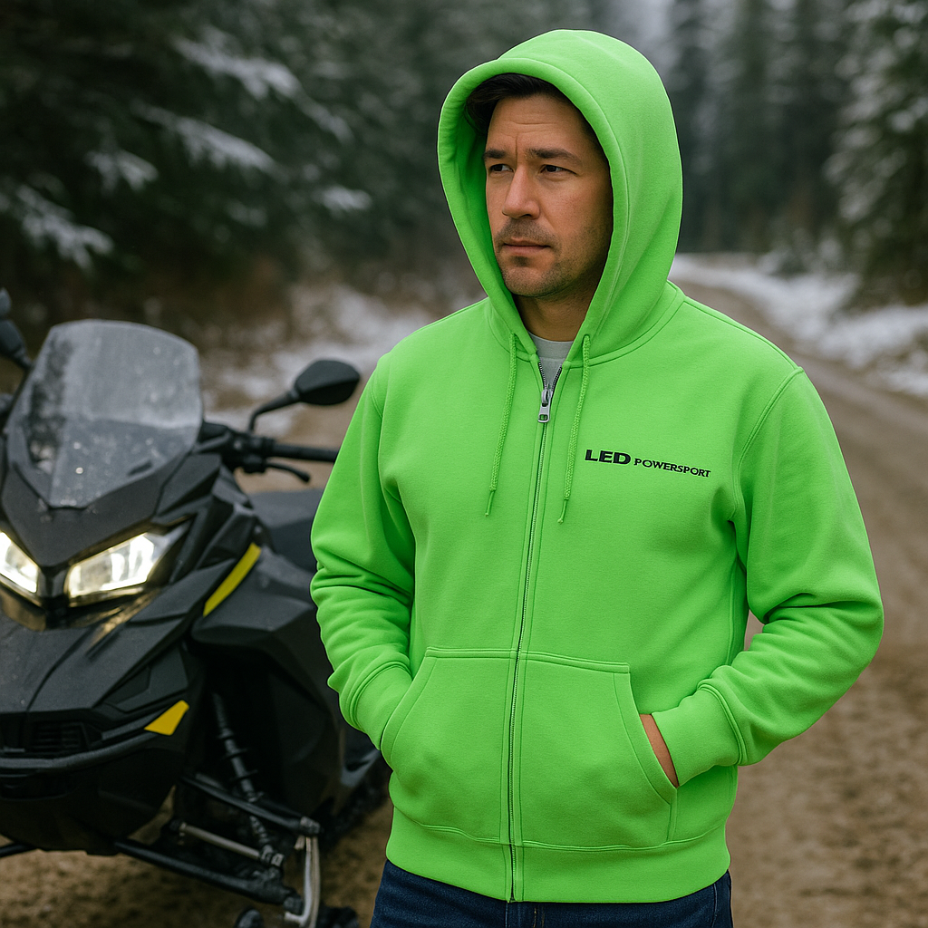 Man wearing neon green LEDPowersport full-zip hoodie standing next to a snowmobile on a snowy forest trail; front chest logo visible.
